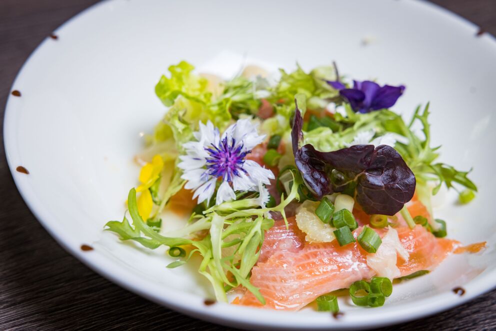 Lachs mit frischen Salatblättern und Schnittlauch